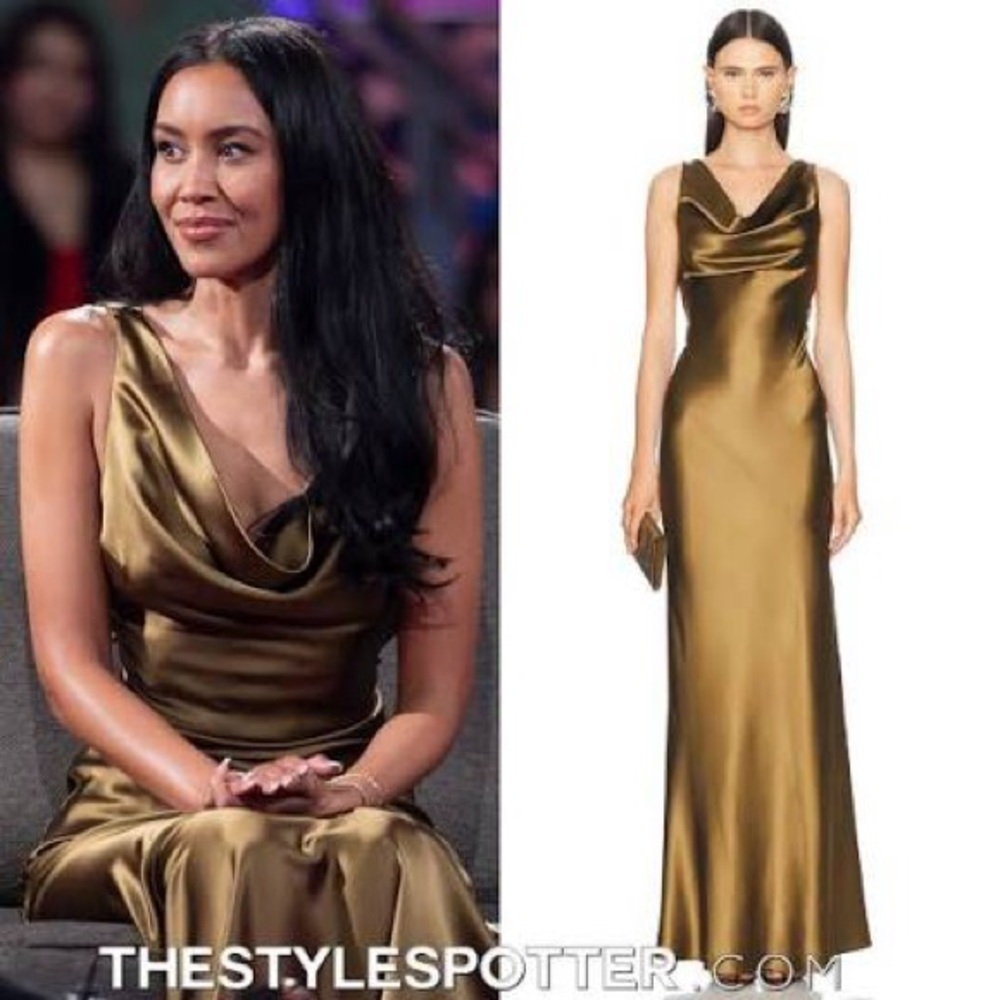 Mirror Palais Olive Silk Plunging Back Cowl Gown